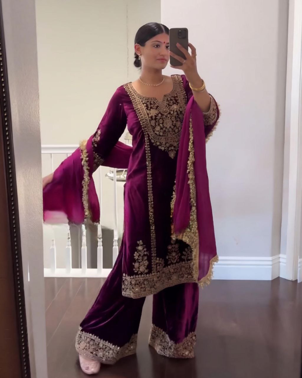 Ready To Wear Wine Micro Velvet Embroidery Work Pakistani Palazo Suit With Dupatta