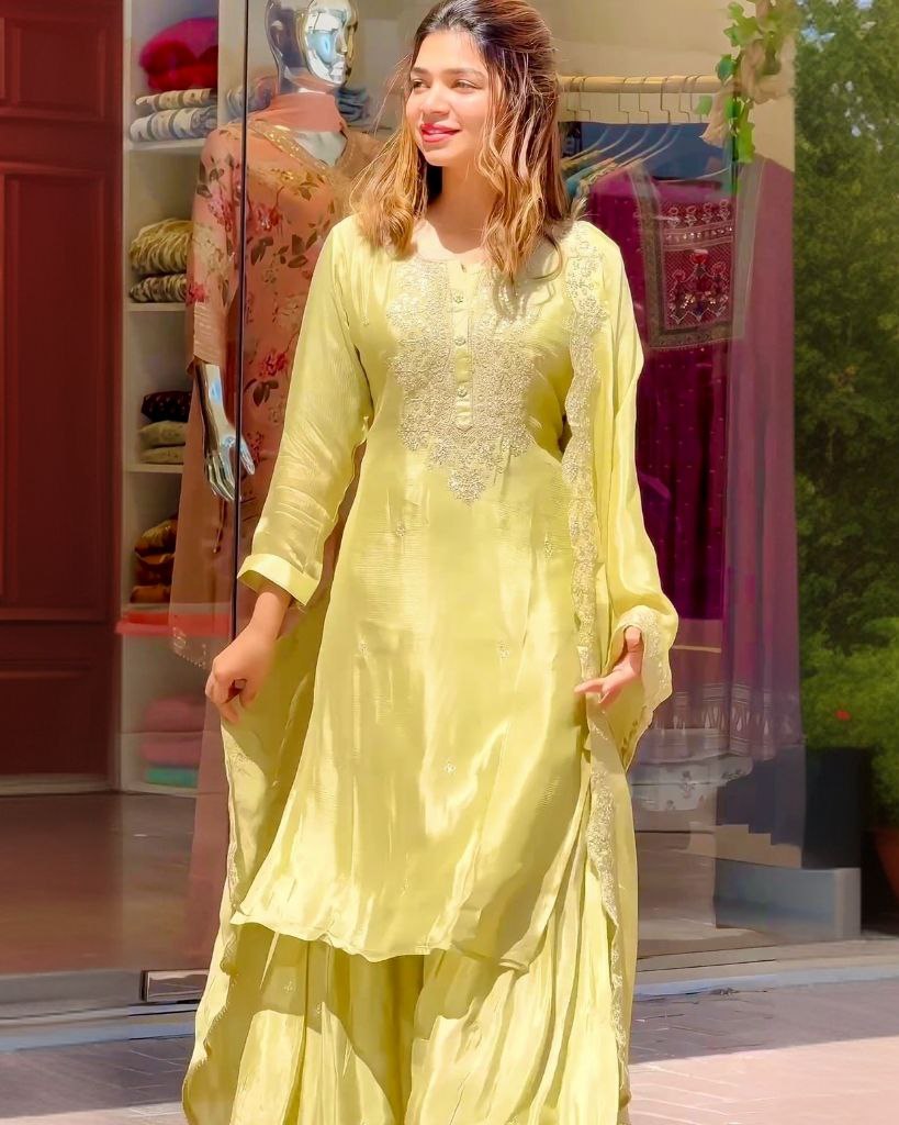 Ready To Wear  Lime Yellow Chinon Silk Embroidery Work  Plazzo Suit With Dupatta