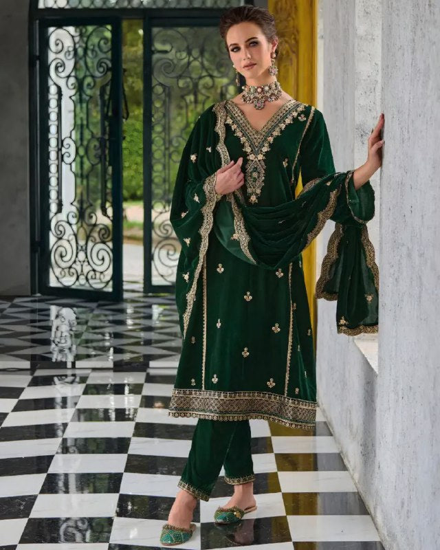 Ready To Wear Dark Green Micro Velvet Embroidery Work Pakistani Pant Suit With Dupatta