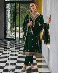 Ready To Wear Dark Green Micro Velvet Embroidery Work Pakistani Pant Suit With Dupatta