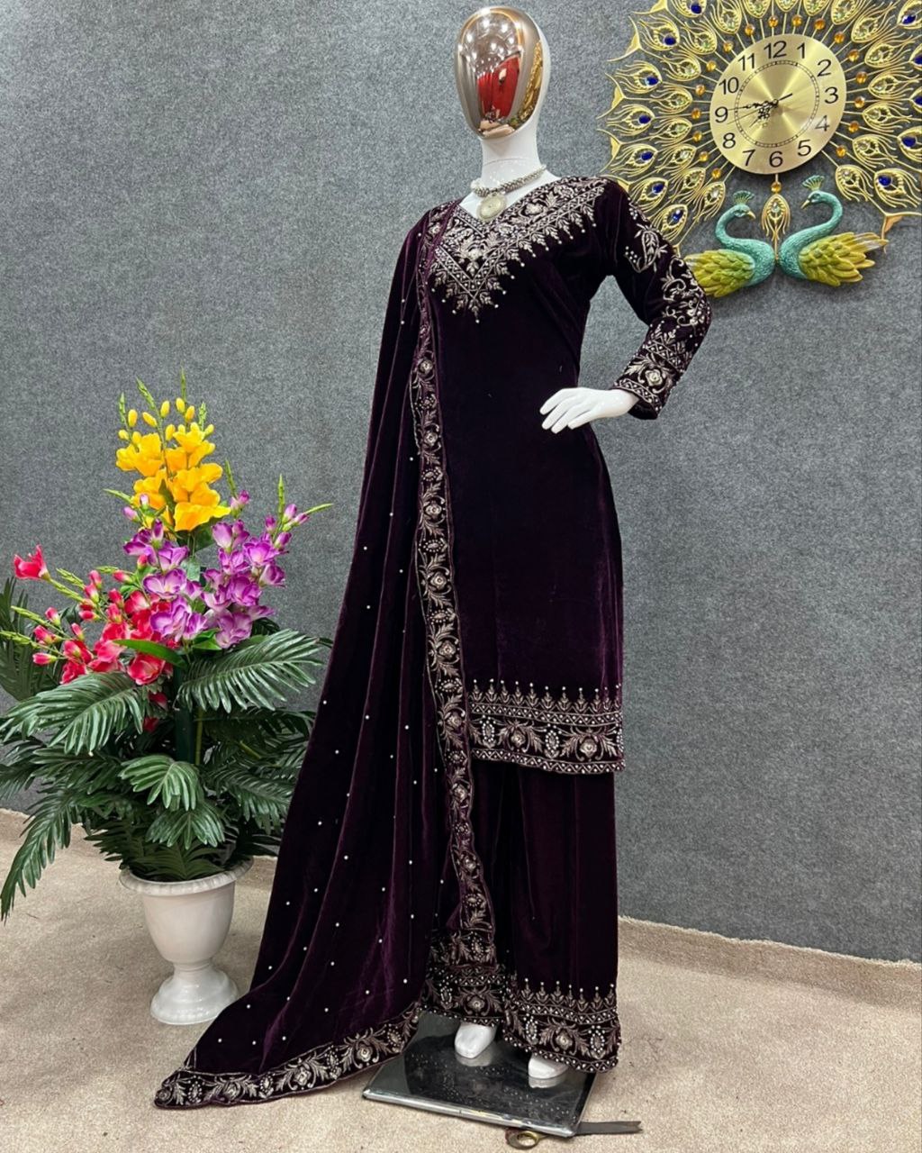 Ready To Wear Blue&Wine Micro Velvet Embroidery Work Palazo Suit With Dupatta