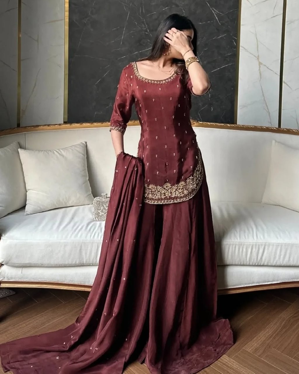 Exclusive Maroon Natural Crep Silk Embroidery Palazo Kurti With Dupatta