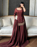 Exclusive Maroon Natural Crep Silk Embroidery Palazo Kurti With Dupatta