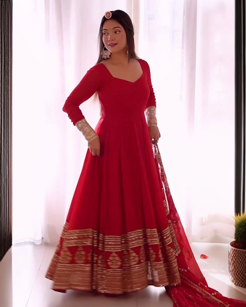 Ready To Wear Red Pure Georgette Embroidery Work Anarkali Gown With Dupatta