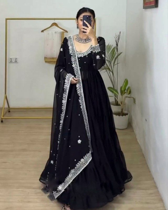 Ready To Wear Black Heavy Georgette Sequence Work Gown With Dupatta