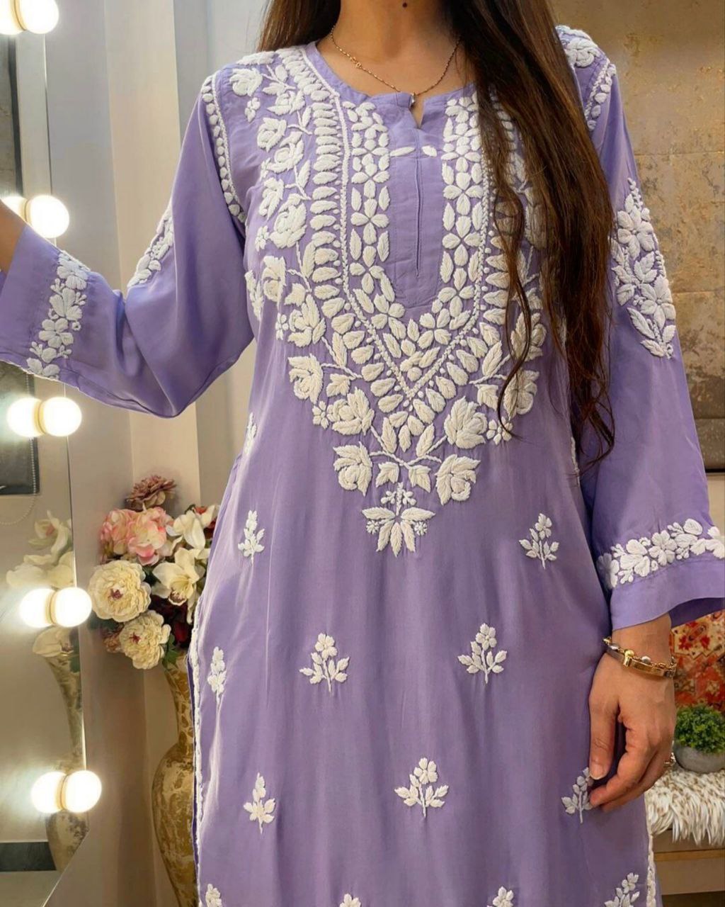 Designer Lilac Faux Georgette Embroidery Work Chikan Kari Suit