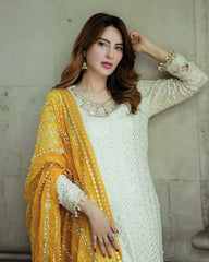 Ready To Wear Cream Pure Georgette Embroidery Work Pakistani Suit With Dupatta