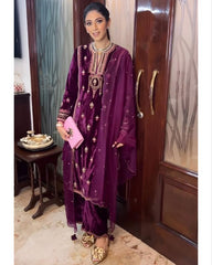 Ready To Wear Wine Micro Velvet Embroidery Work Pant Suit With Dupatta