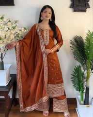 Ready To Wear Copper Tapeta Silk Embroidery Work Pakistani Suit With Dupatta