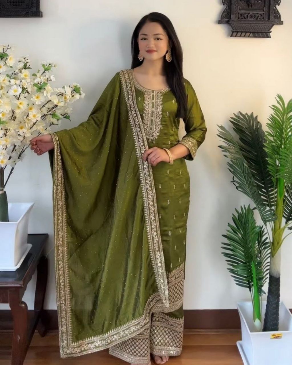 Ready To Wear Mehendi Green Tapeta Silk Embroidery Work Pakistani Suit With Dupatta