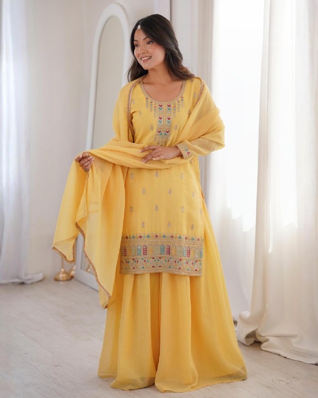 Ready To Wear Yellow Sky Soft Crunchy Silk Embroidery Kurti Palazo With Dupatta