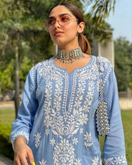 Ready To Wear Sky Rayon Cotton Embroidery Work Chikan Kari Suit