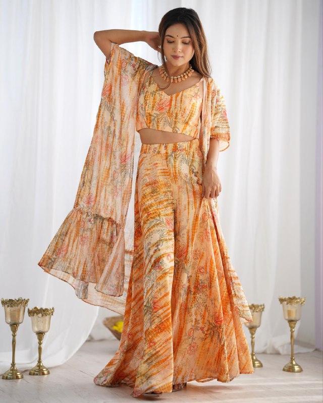 Premium Yellow Soft Georgette Embroidery Plazzo Shrug With Blouse