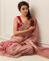 Desinger Peach Fancy Organza Embroidery Work Saree With Blouse