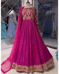 Designer Rani Pink Heavy Georgette Sequence Work Gown With Dupatta