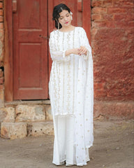 Ready To Wear White Pure Georgette Embroidery Work Plazzo Suit With Dupatta