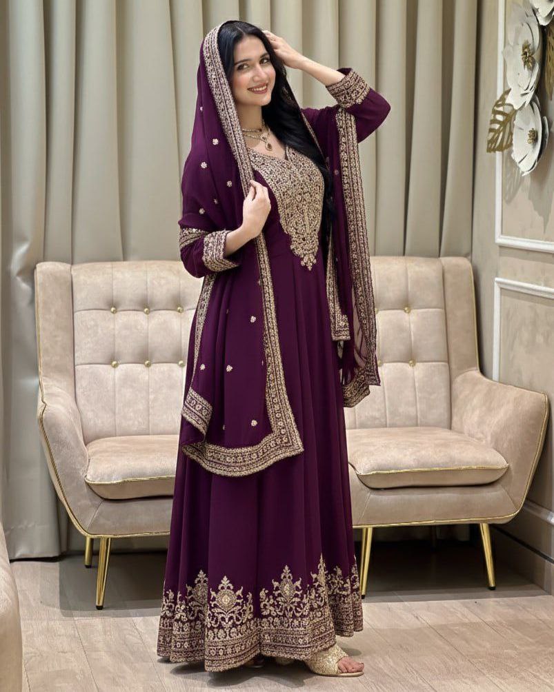 Exclusive Black Dark Pink Purple Soft Georgette Embroidery Gown Pant With Dupatta