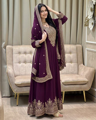 Exclusive Black Dark Pink Purple Soft Georgette Embroidery Gown Pant With Dupatta