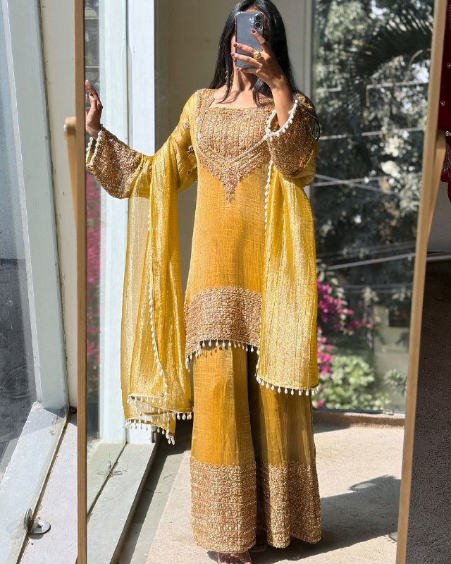 Exclusive Yellow And Green Frendy Silk Embroidery Palazo Kurti With Dupatta