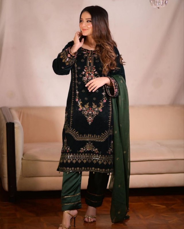 Ready To Wear Micro Velvet Embroidery Work Pakistani Suit With Dupatta