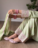 Ready To Wear Green Rayon Cotton Embroidery Farshi Salwar Kurti With Dupatta