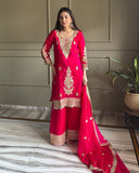 Ready To Wear Red And Blue Simmer Silk Palazo Kurti With Dupatta
