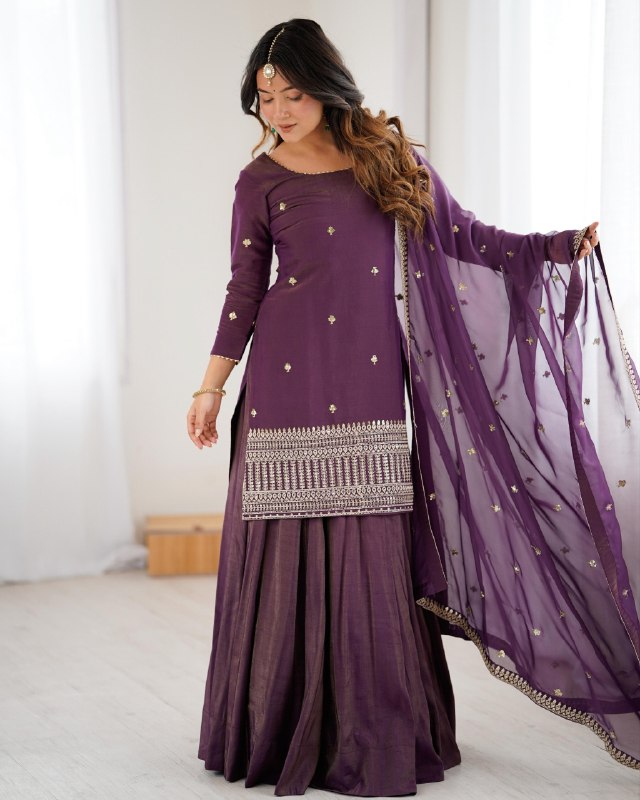 Ready To Wear Purple Pure Roman Shimmer Chanderi Silk Lehenga Kurti With Dupatta