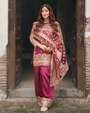 Ready To Wear Pink Natural Simmer Embroidery Farshi Salwar Kurti With Dupatta