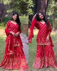 Ready To Wear Hot Red Faux Georgette Embroidery Work Sharara Suit With Dupatta