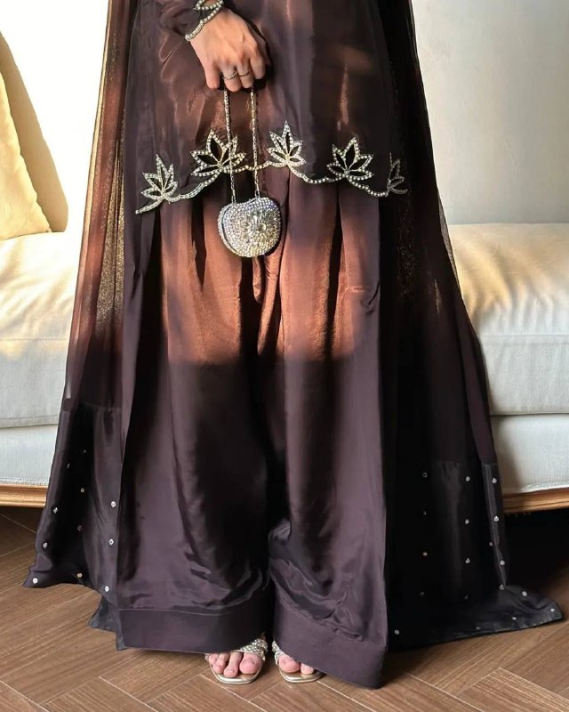 Exclusive Brown Natural Crep Silk Embroidery Farshi Salwar Suit With Dupatta
