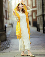 Ready To Wear Cream Pure Georgette Embroidery Work Pakistani Suit With Dupatta