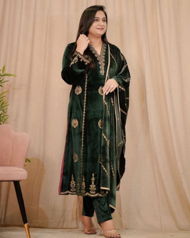 Ready To Wear Bottel Green Micro Velvet Embroidery Work Pant Suit With Dupatta