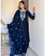 Ready To Wear Dark Blue Micro Velvet Embroidery Work Pakistani Suit With Dupatta