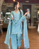Ready To Wear Sky Blue Roman Glass Silk Farshi Salwar Kurti With Dupatta