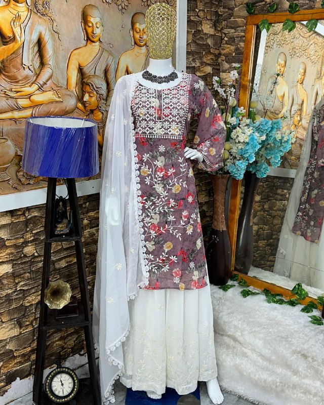 Ready To Wear Mud Rayon Cotton Embroidery Work Chikan Kari Suit With Dupatta