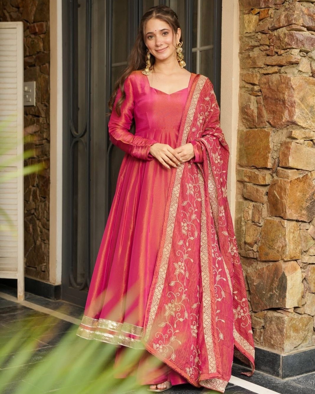 Exclusive Pink Roman Shimmer Silk Embroidery Anarkali Suit With Dupatta
