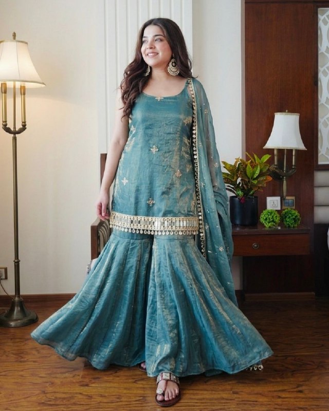 Exclusive Sea Green Simmer Silk Embroidery Palazo Kurti With Dupatta