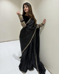 Desinger Black Silk Cording Lace Work Saree With Blouse