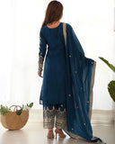 Ready To Wear Teal Blue Pure Chinon Silk Embroidery Kurti Pant With Dupatta