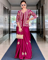 Designer Magenta Dola Silk Embroidery Work Saree With Blouse And Koti