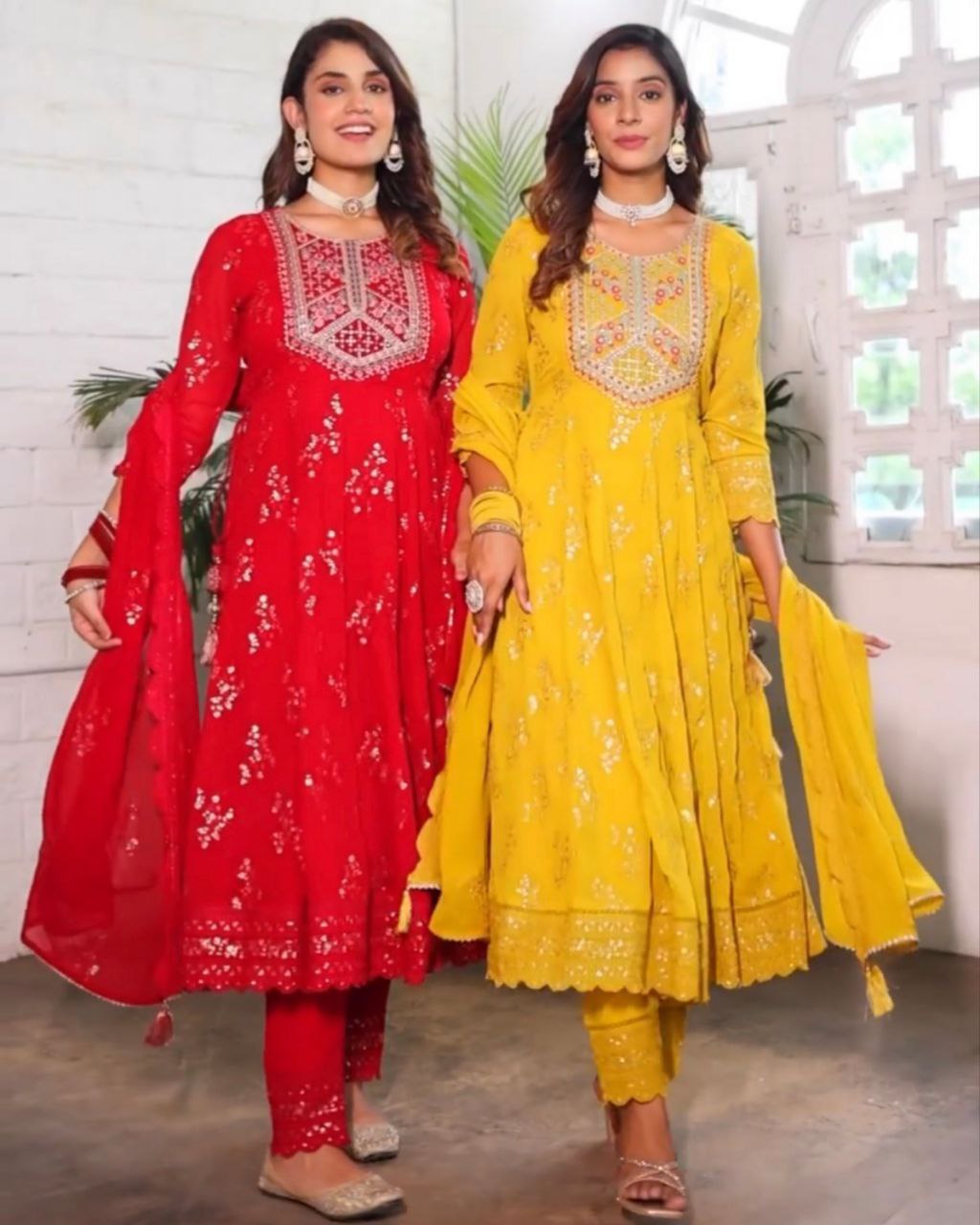 Ready To Wear Red-Yellow Faux Georgette Embroidery Work Anarkali Suit With Dupatta