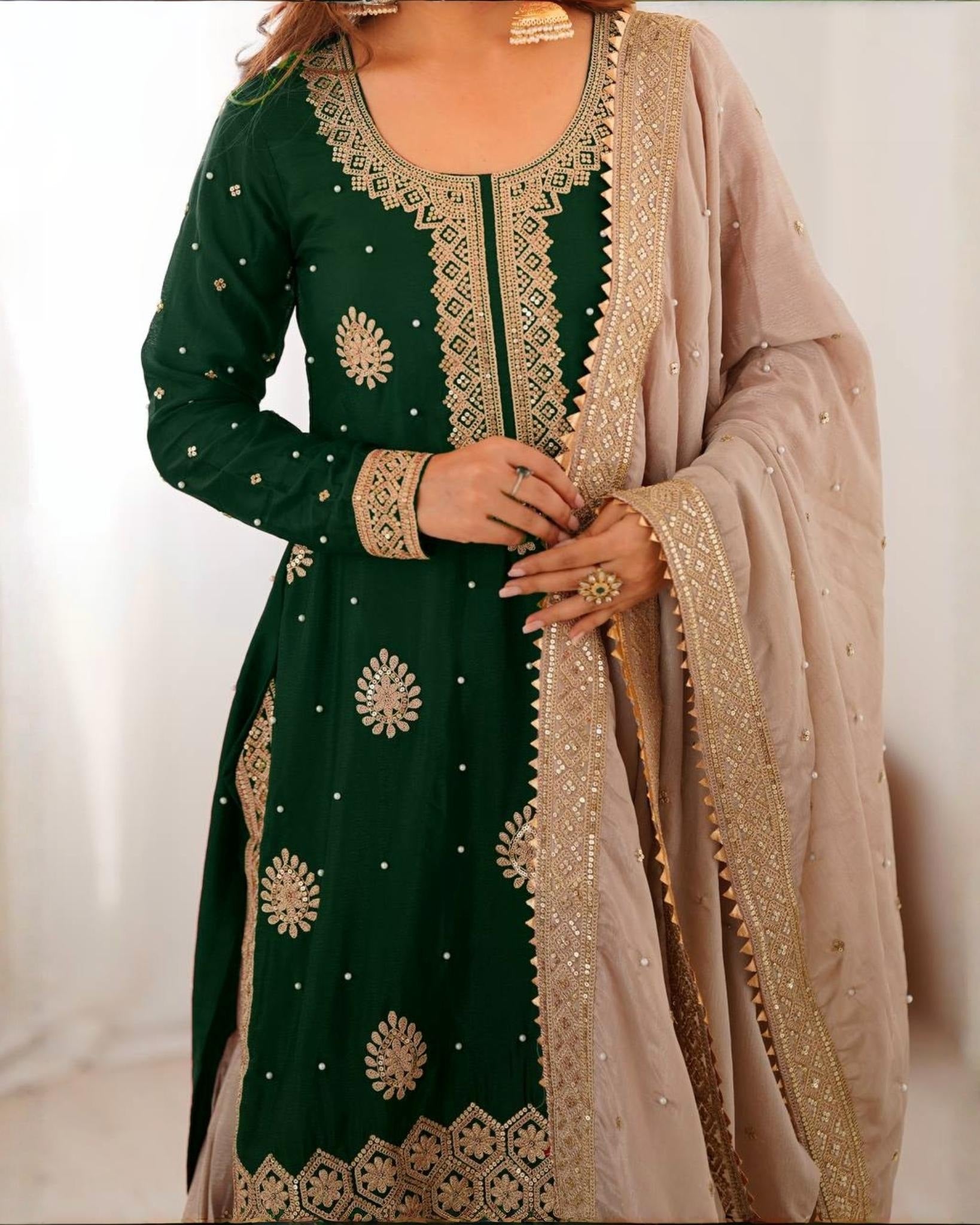 Premium Handcrafted Soft Chinon Silk Coding Embroidery Thread Sharara Suit With Dupatta