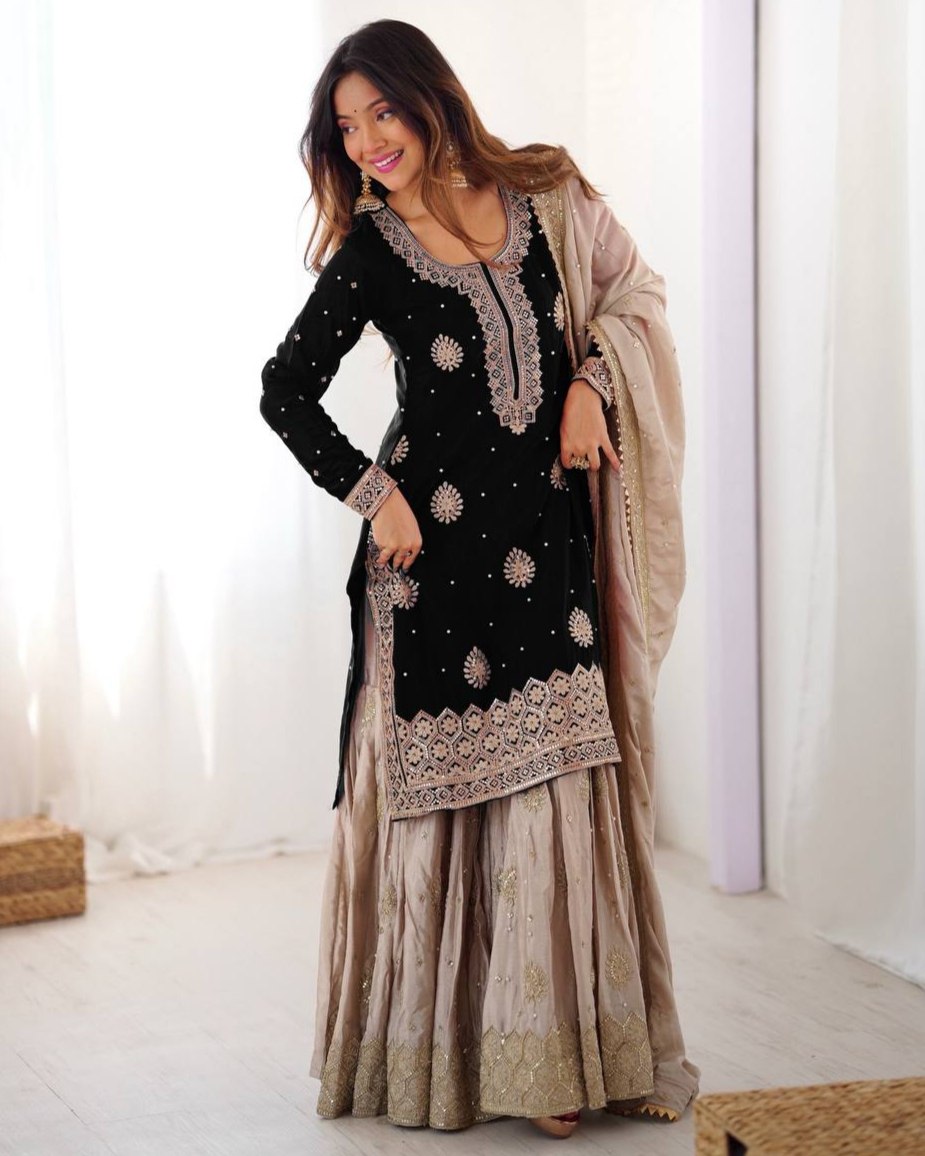 Premium Handcrafted Soft Chinon Silk Coding Embroidery Thread Sharara Suit With Dupatta