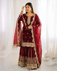 Exclusive Maroon Sea Green Simmer Silk Embroidery Palazo Kurti With Dupatta