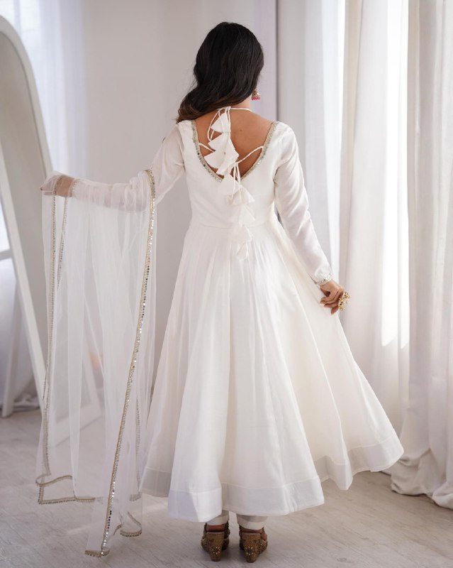 Ready To Wear White Chanderi Roman Silk Anarkali Suit With Dupatta