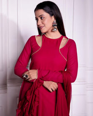 Ready To Wear Rose Red Faux Georgette Ruffle Work Gown With Drapped Dupatta