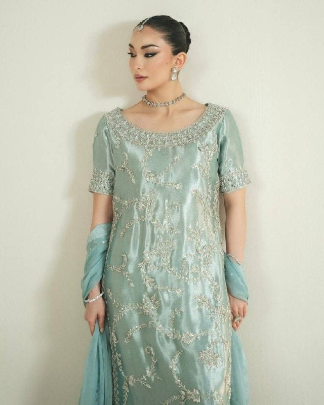 Ready To Wear Sea Green Simmer Silk Palazo Kurti With Dupatta