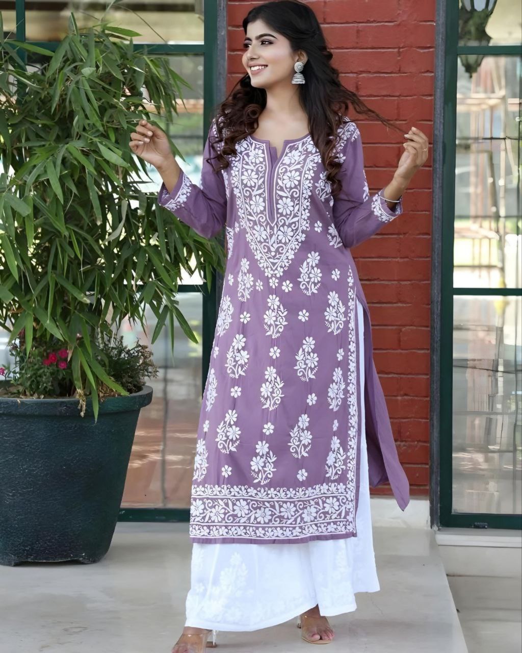 Ready To Wear Lavender Rayon Cotton Embroidery Work Chikan Kari Suit