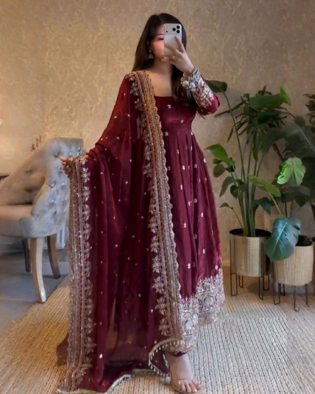 Exclusive Maroon Black Green Heavy Georgette Embroidery Anarkali Suit With Dupatta