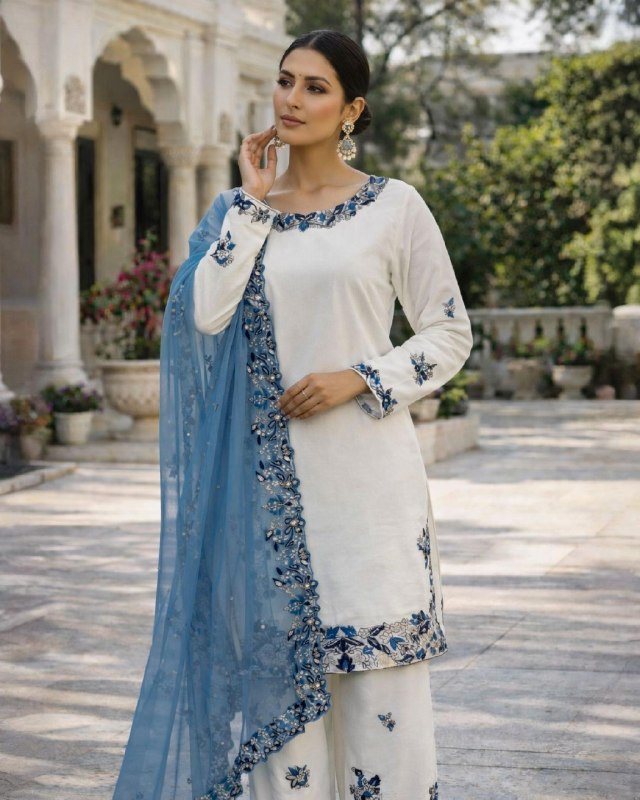 Ready To Wear White Fendy Silk Embroidery Farshi Salwar Kurti With Dupatta